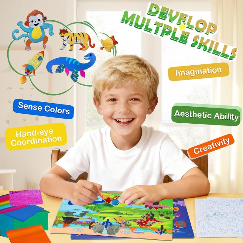 URMYWO Fun Foil Art Craft Kits, Arts and Crafts for Kids 4-6, DIY Dinosaur & Space Creative Sticker Coloring Activity, Craft Supplies, Travel Toys, 4 5 6 7 8 9 10 Year Old Boy Girl Gifts - Image 3